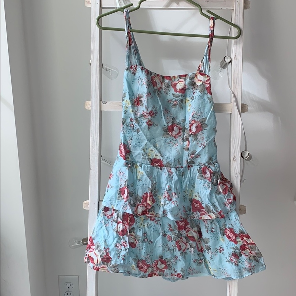 Pale blue and pink rose ruffle blouse